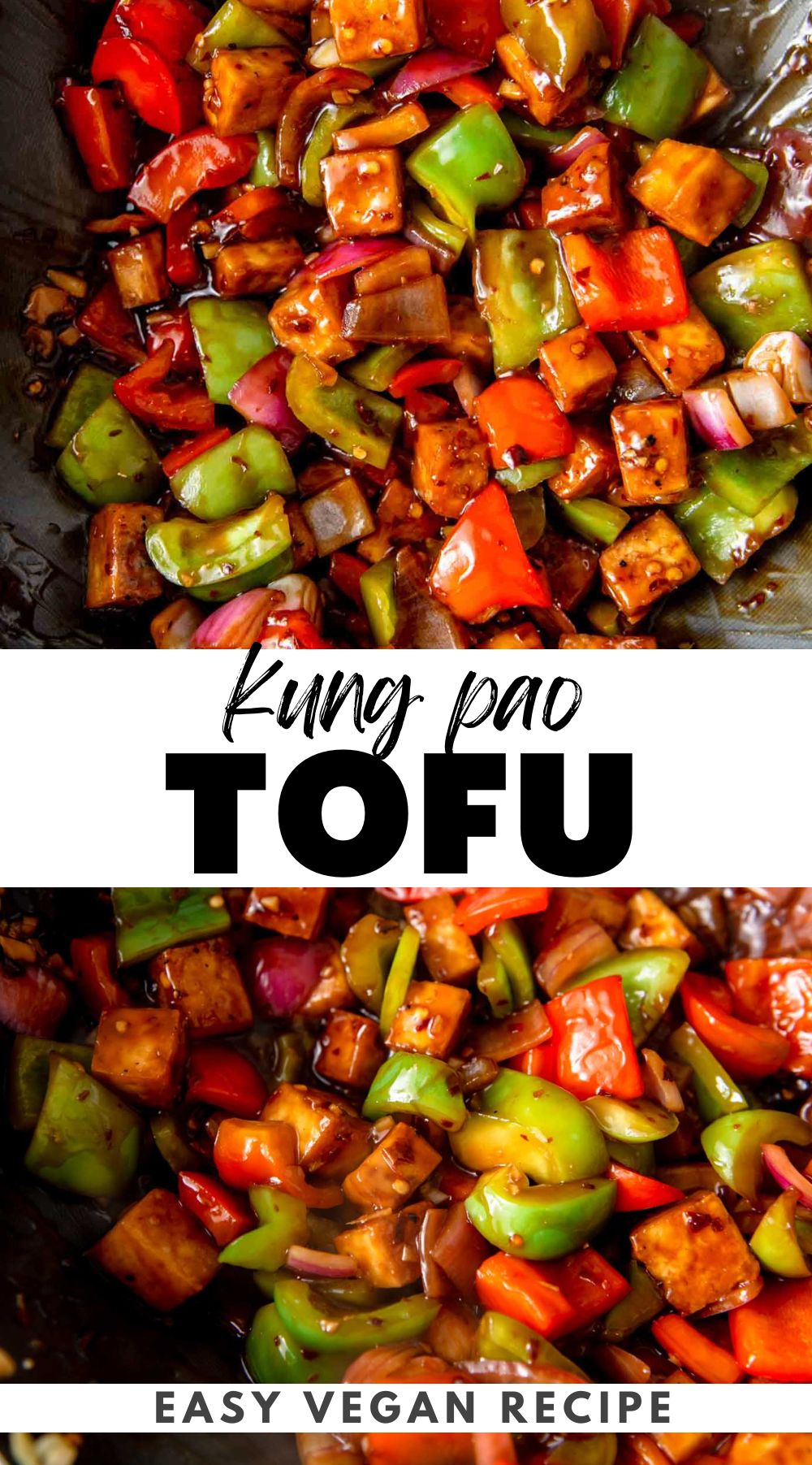 Graphic with stylized text title and an image of kung pao tofu.