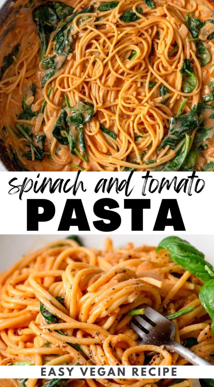 Graphic with stylized text title and two images of a tomato spinach pasta recipe.