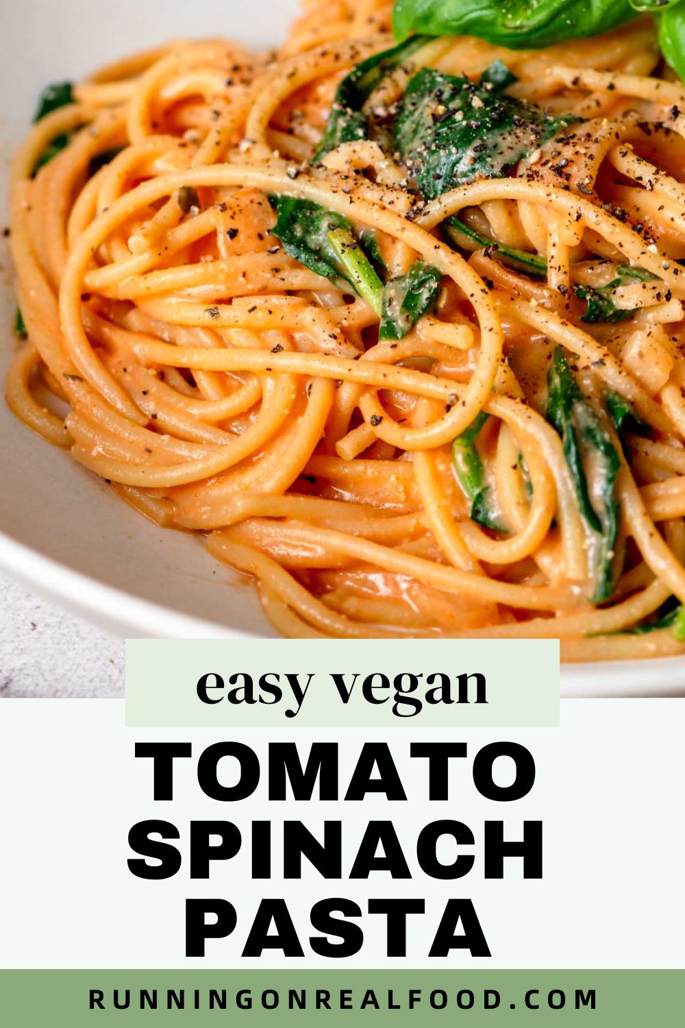 Graphic with stylized text title and an image of a tomato spinach pasta recipe.