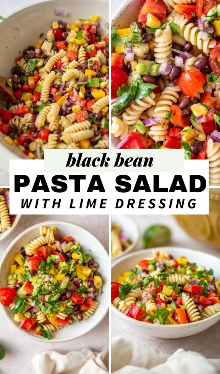 Pinterest graphic with photos of a black bean pasta salad recipe with tomatoes and pesto.