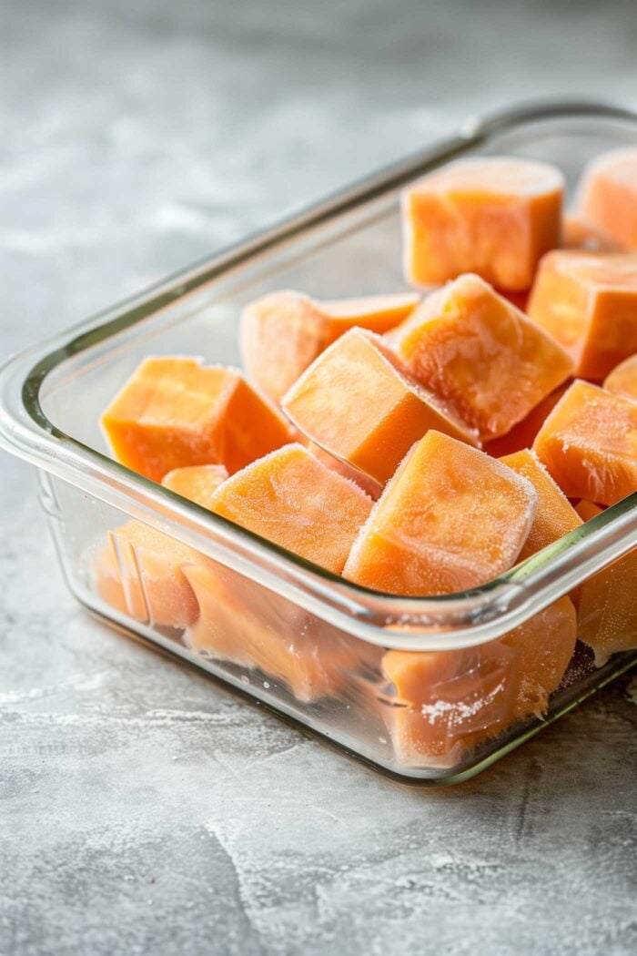 Frozen sweet potato cubes in a glass container.