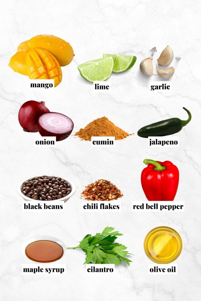 All the ingredients for making a vegan black bean mango cilantro salad.