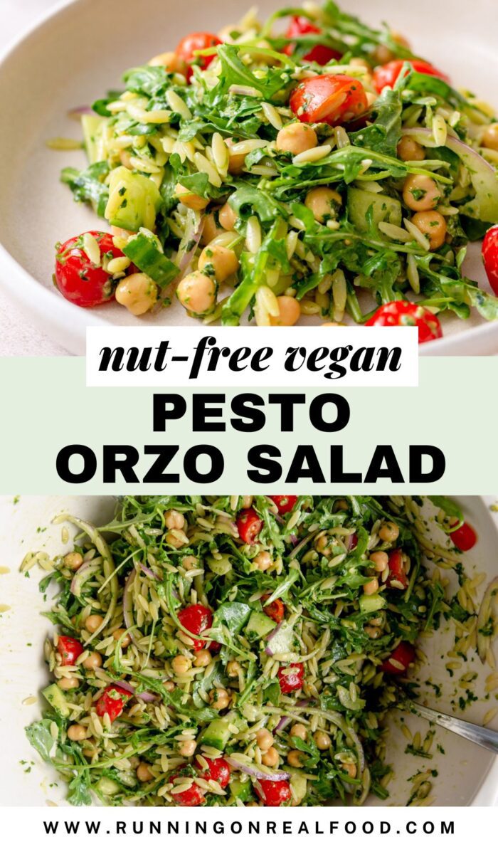 2 images of a pesto orzo pasta salad with text that reads easy vegan pesto orzo salad with chickpeas.