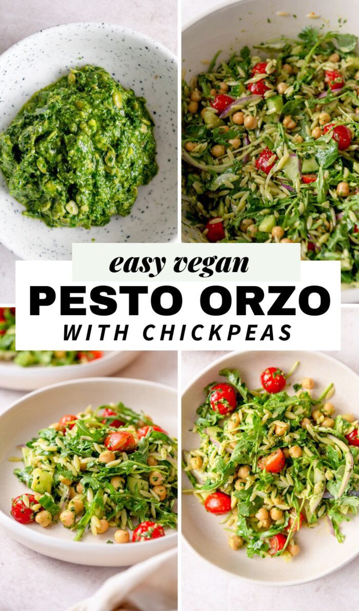 4 images of a pesto orzo pasta salad with text that reads easy vegan pesto orzo salad with chickpeas.