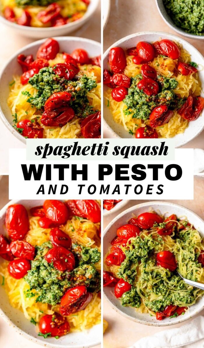 Pinterest graphic with photos of a pesto spaghetti squash recipe with tomatoes and pesto.
