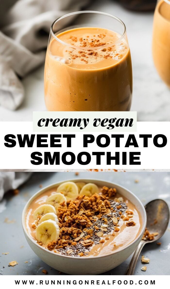 Pinterest image for vegan sweet potato smoothie with two images of the smoothie and a text title that reads creamy vegan sweet potato smoothie.