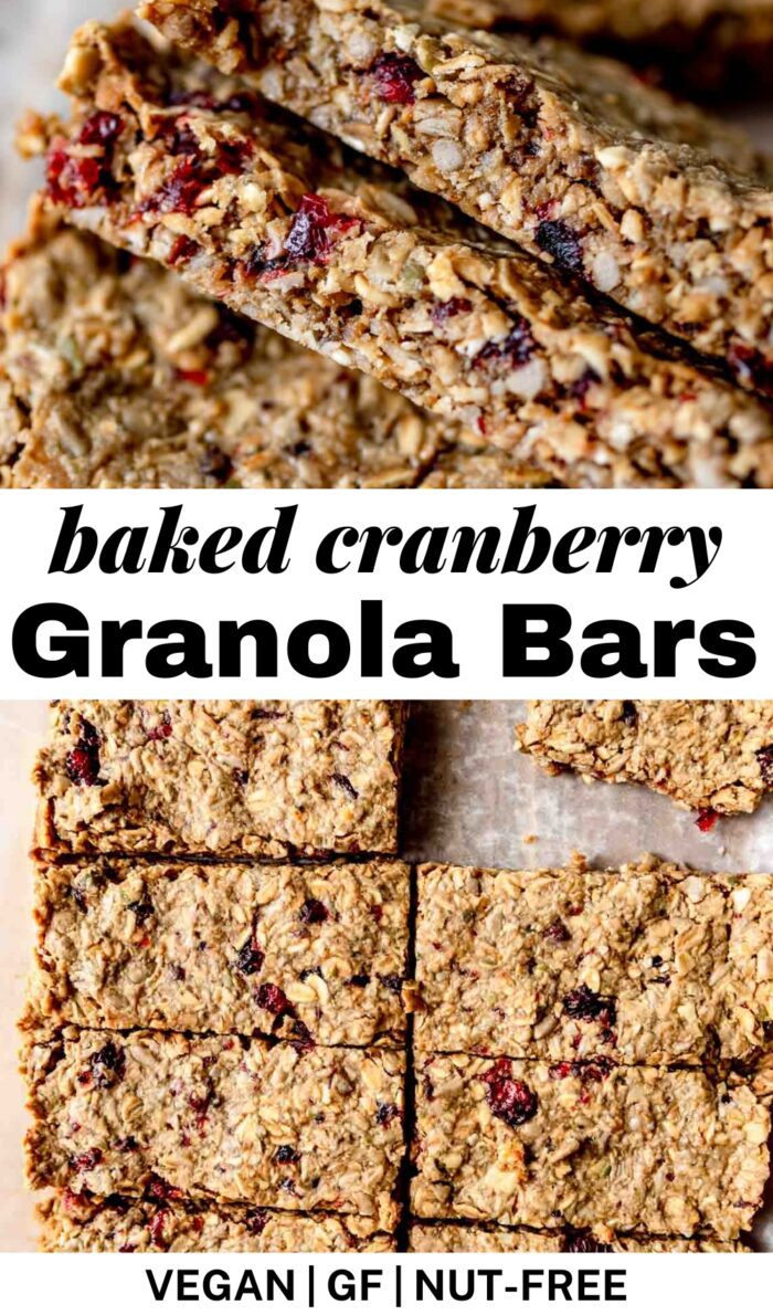 Pinterest graphic for vegan baked cranberry granola bars with an image of the bars and a text title for the recipe.