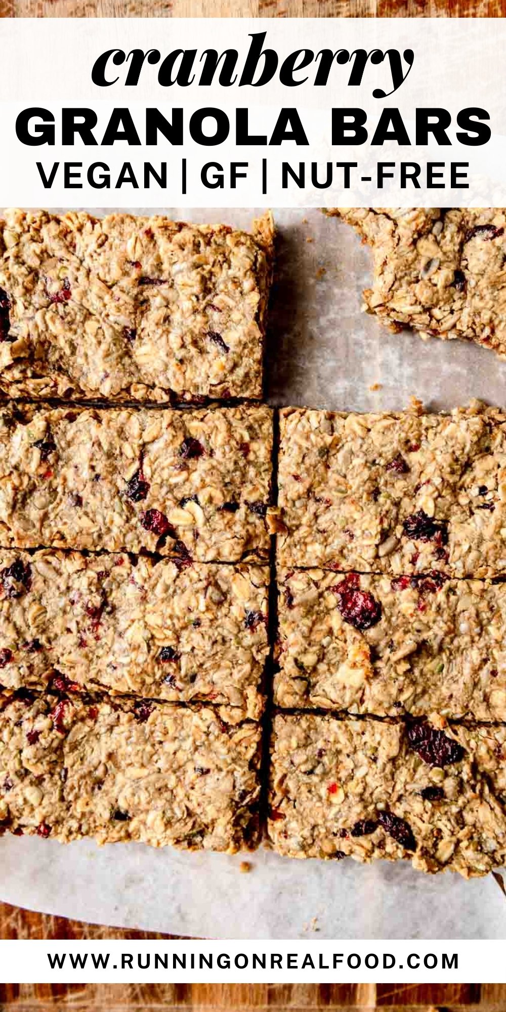 Pinterest graphic for vegan baked cranberry granola bars with an image of the bars and a text title for the recipe.