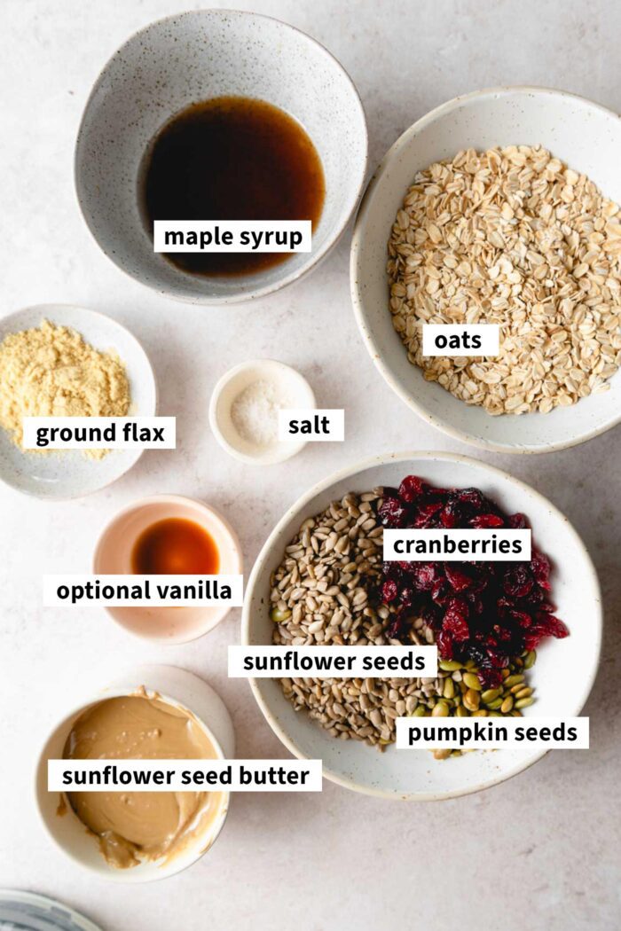 All the ingredients needed for baking a vegan baked cranberry granola bar recipe.