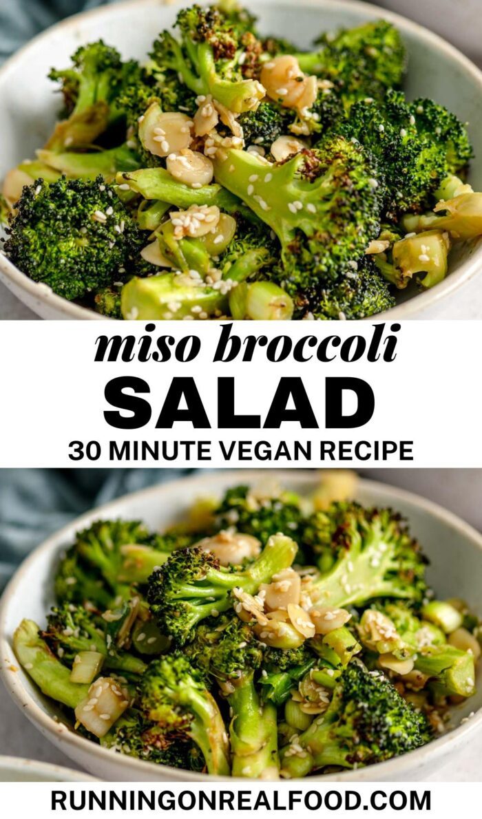 Pinterest graphic for miso broccoli salad with images of the salad and a text title.