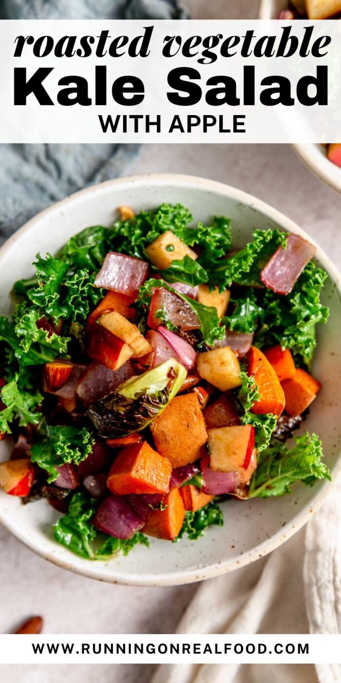 Pinterest graphic for roasted vegetable salad with kale with an image of the salad and text title.