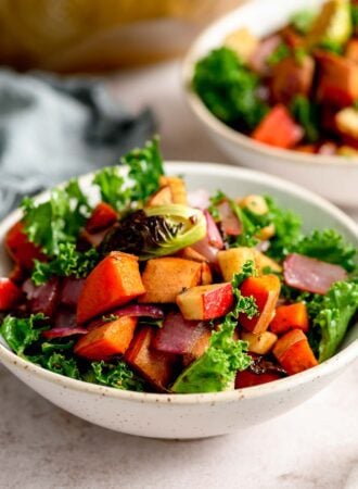 Roasted vegetable kale apple salad with sweet potato in a small bowl.
