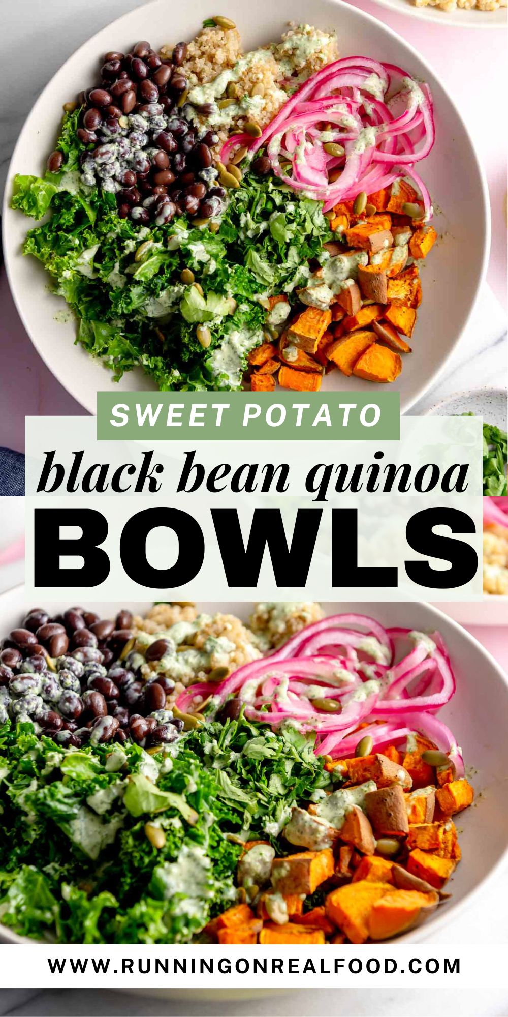 Sweet potato black bean quinoa bowl pin with two images of the bowls and a text title reading 