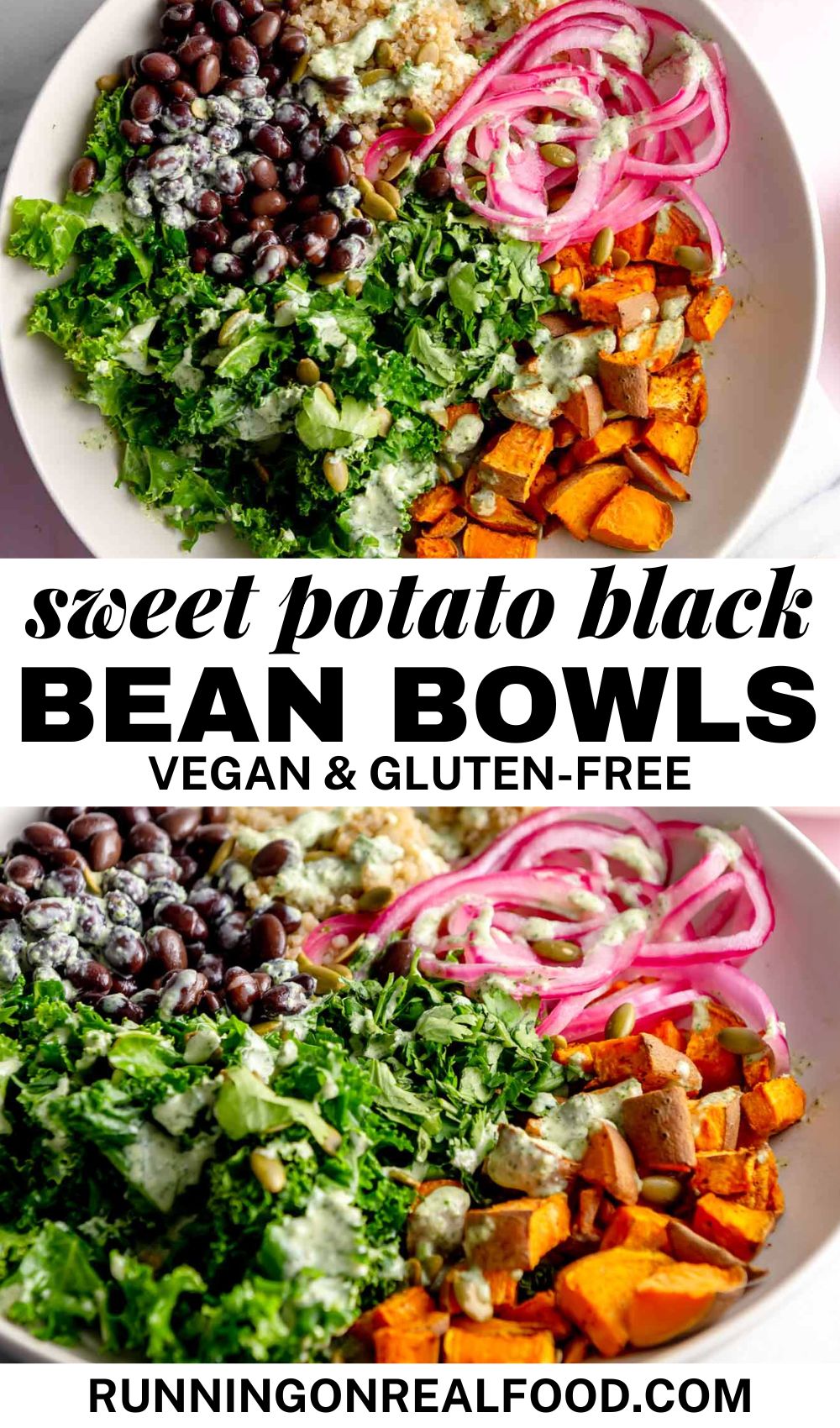 Sweet potato black bean quinoa bowl pin with two images of the bowls and a text title reading 