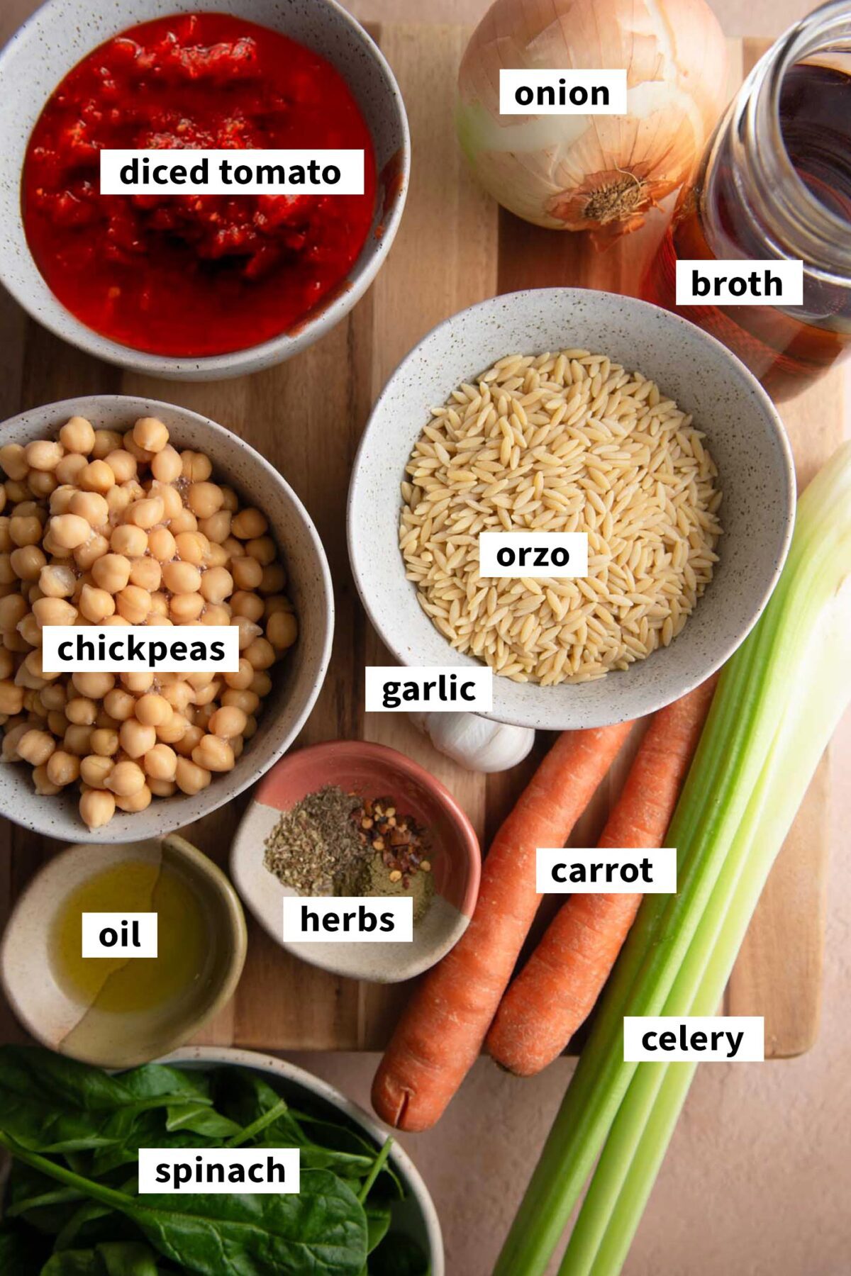 All the ingredients for making a vegan tomato orzo soup with spinach, chickpeas and carrots. Each ingredient is labelled with text.