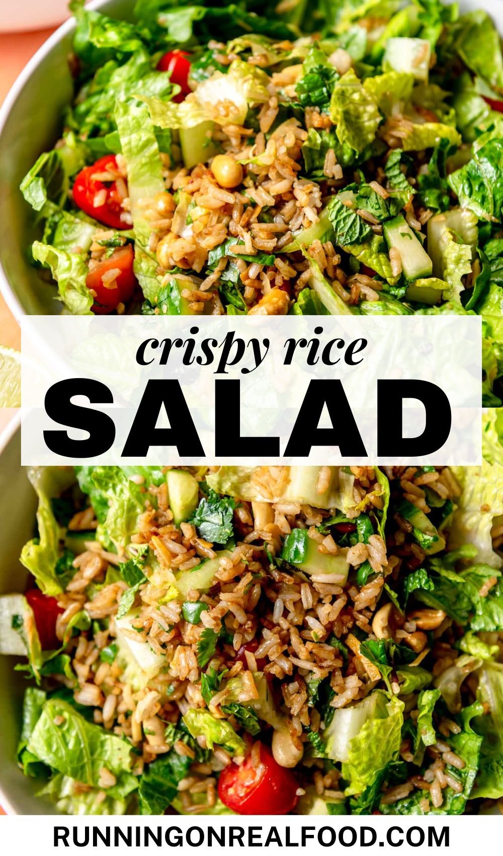 Two images of a crispy rice salad with peanuts, cucumber and tomato in a bowl with text between them that reads 