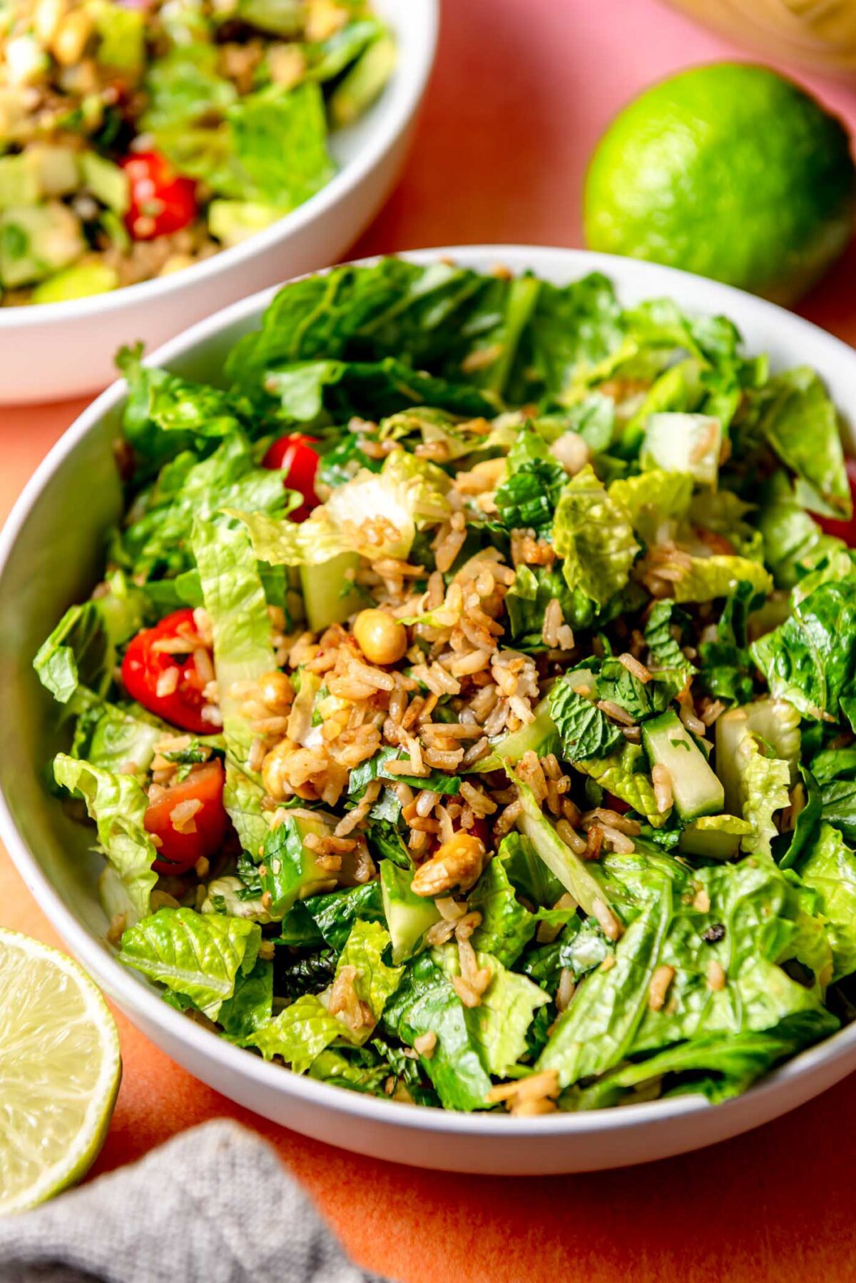 Crispy rice salad with lettuce, peanuts, tomato, cucumber and herbs in a bowl with a wedge of lime beside it.