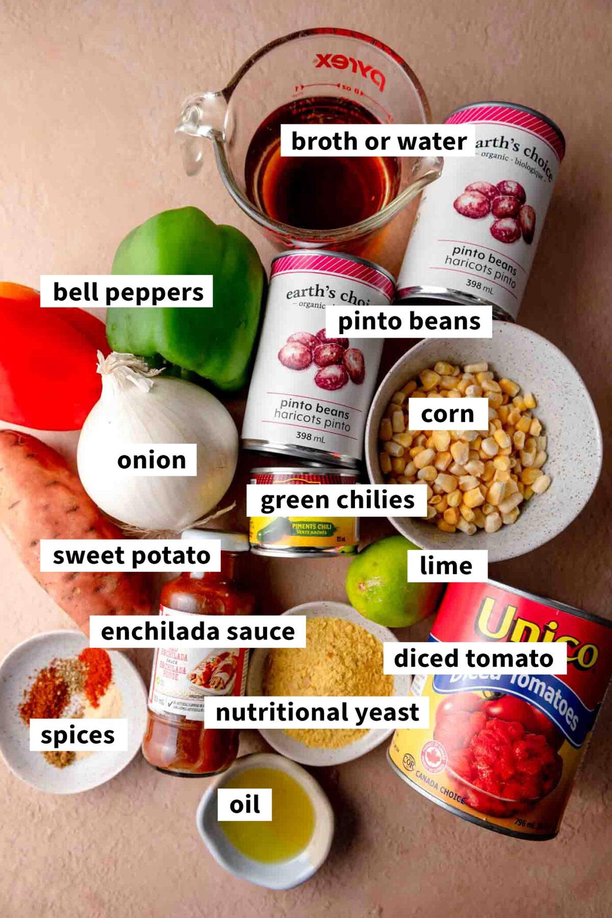 All the ingredients gathered for making a vegan enchilada soup with pinto beans, diced tomato, sweet potato, bell pepper, nutritional yeast, broth and spices. Each ingredient is labelled with text.