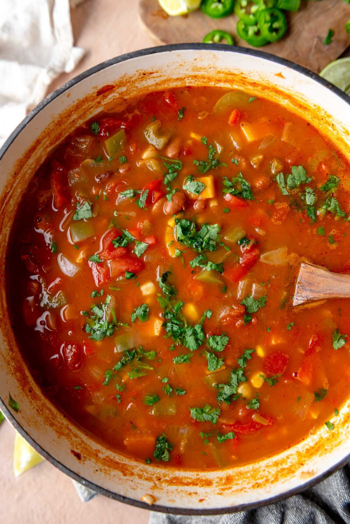 Large pot of enchilada soup (tomato-based soup with bell pepper, sweet potato and pinto beans) topped with cilantro in a large pot.