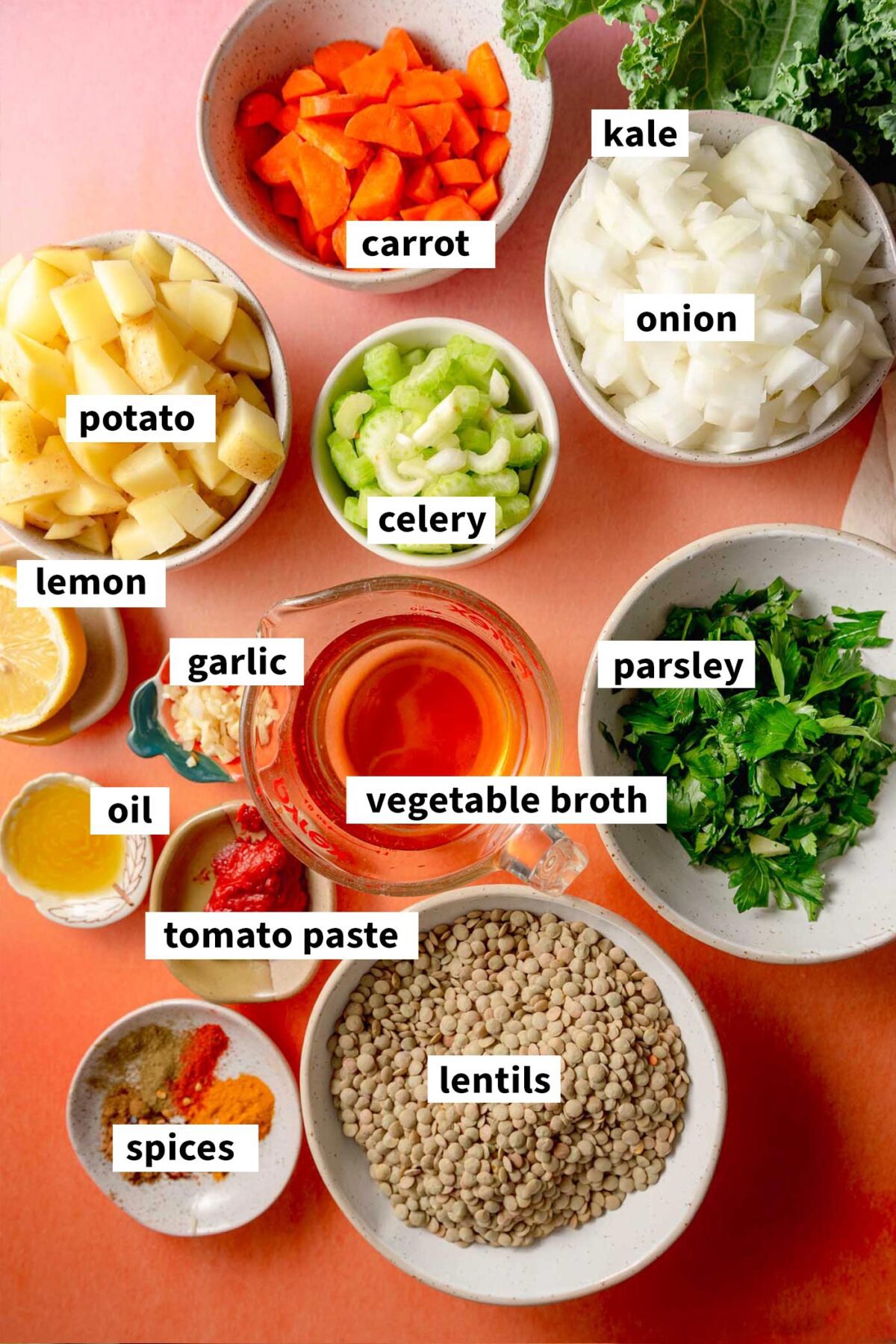 All the ingredients gathered for making a vegan potato lentil soup with carrot, celery and kale. Each ingredient is labelled with text.