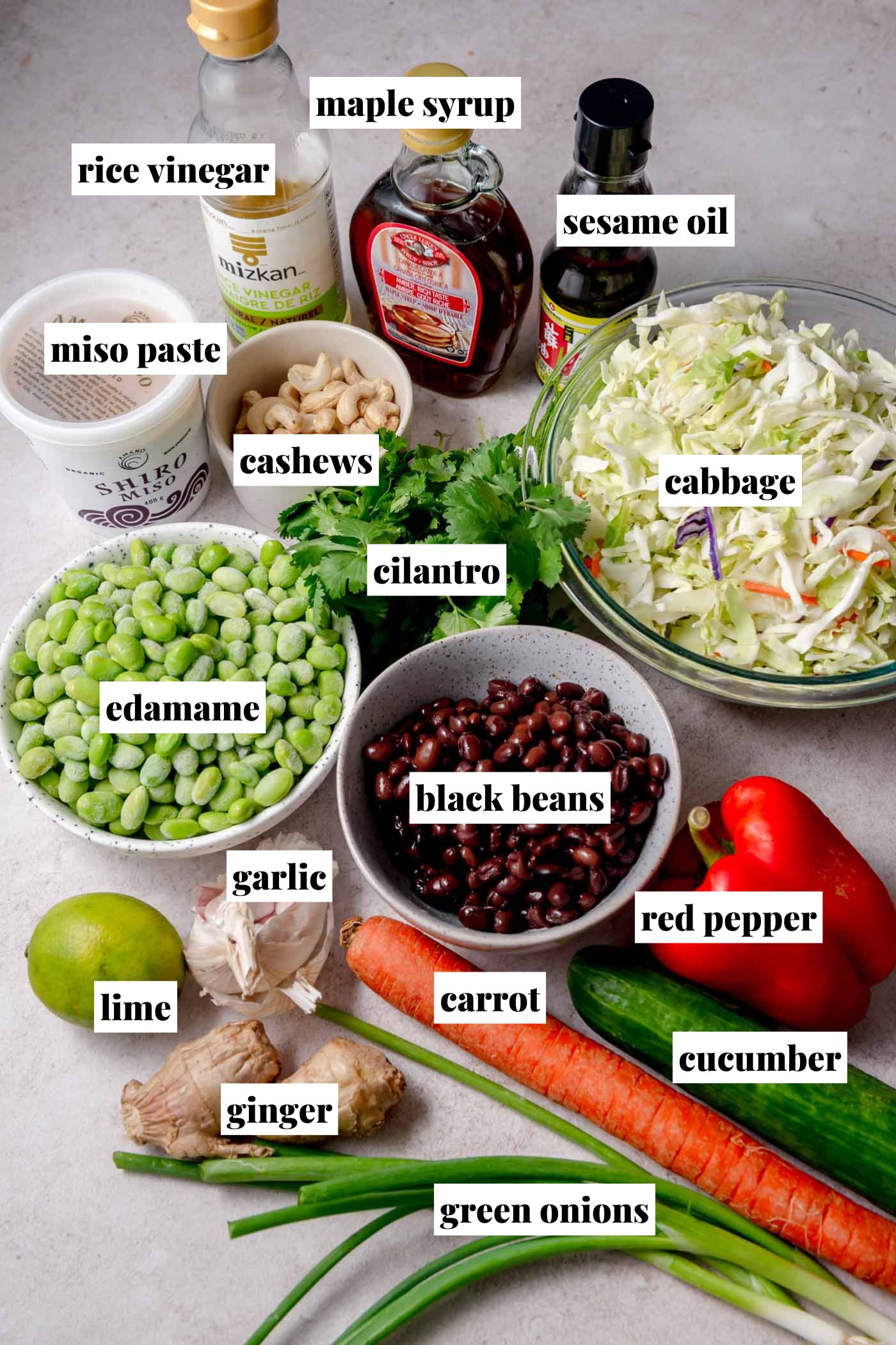 Overhead photo of fresh ingredients neatly arranged for an edamame bean salad. Items include shredded cabbage in a bowl, a red bell pepper, carrot, cucumber, green onions, lime, ginger, garlic, fresh cilantro, cashews, edamame, and black beans. Bottles of rice vinegar, sesame oil, and maple syrup sit beside a container of miso paste. Each ingredient is clearly labeled with white text.