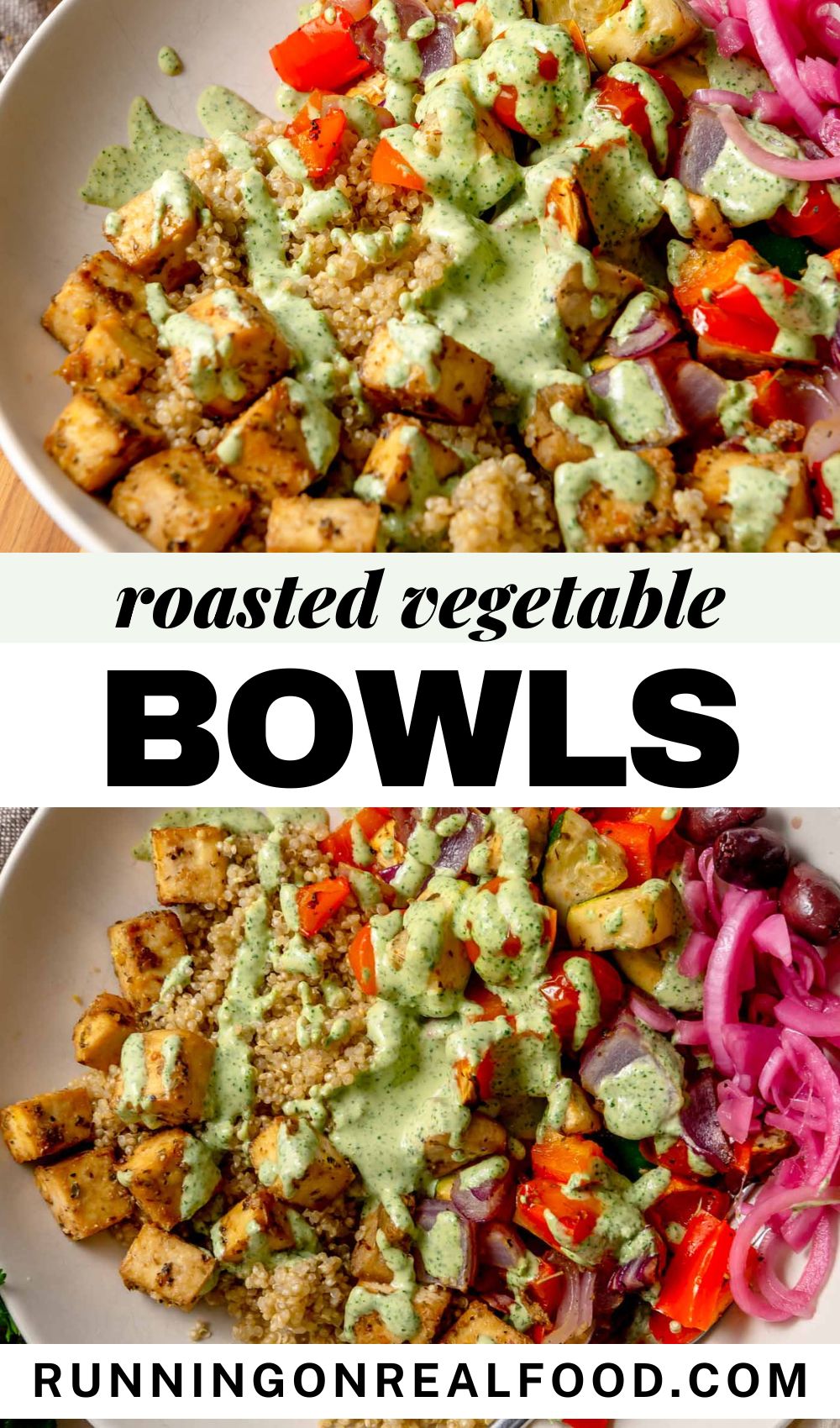 Quinoa bowl with roasted vegetables, tofu, and herb tahini drizzle.