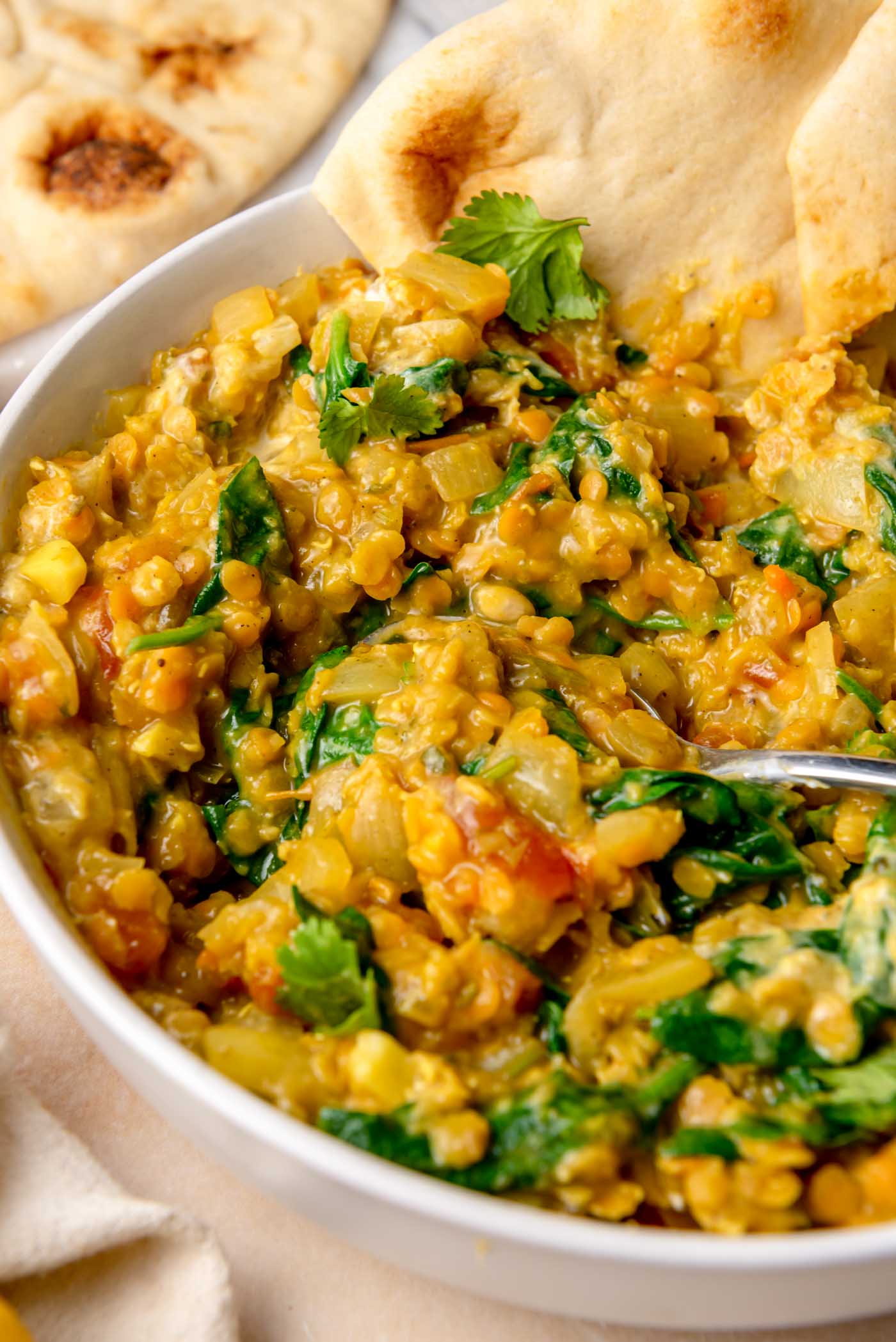 Bowl of spinach red lentil curry served with piece of naan and fresh cilantro on top and a spoon in the bowl.