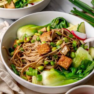 A white bowl filled with light-brown soba noodles, golden crispy tofu cubes, bright green edamame, and glossy saut&eacute;ed bok choy, sprinkled with sliced green onions.