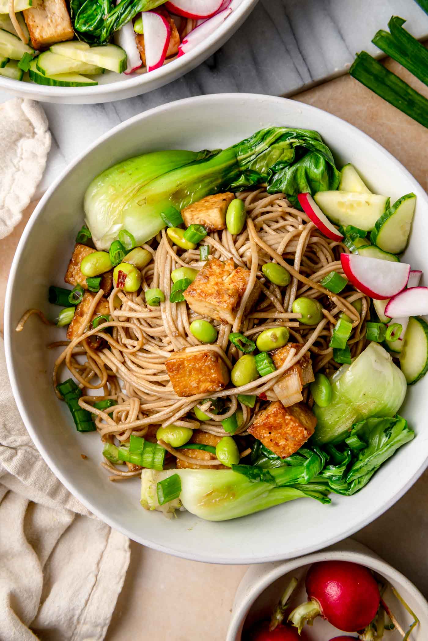 Top-down view of a soba noodle bowl with seared tofu cubes, edamame beans, bok choy, cucumber, and radishes arranged around the noodles.
