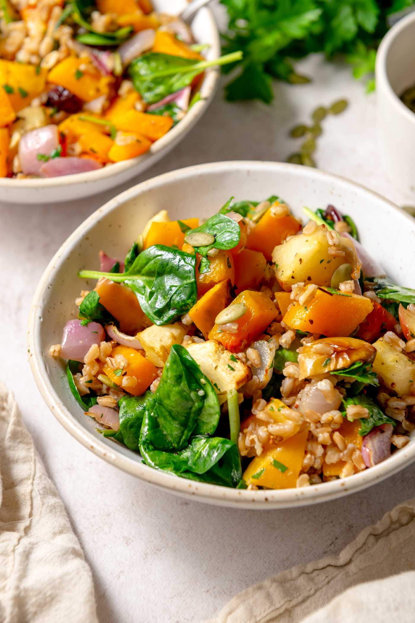 Bowl of warm farro salad with roasted butternut squash, apple, red onion, baby spinach and pumpkin seeds tossed in apple cider vinaigrette.