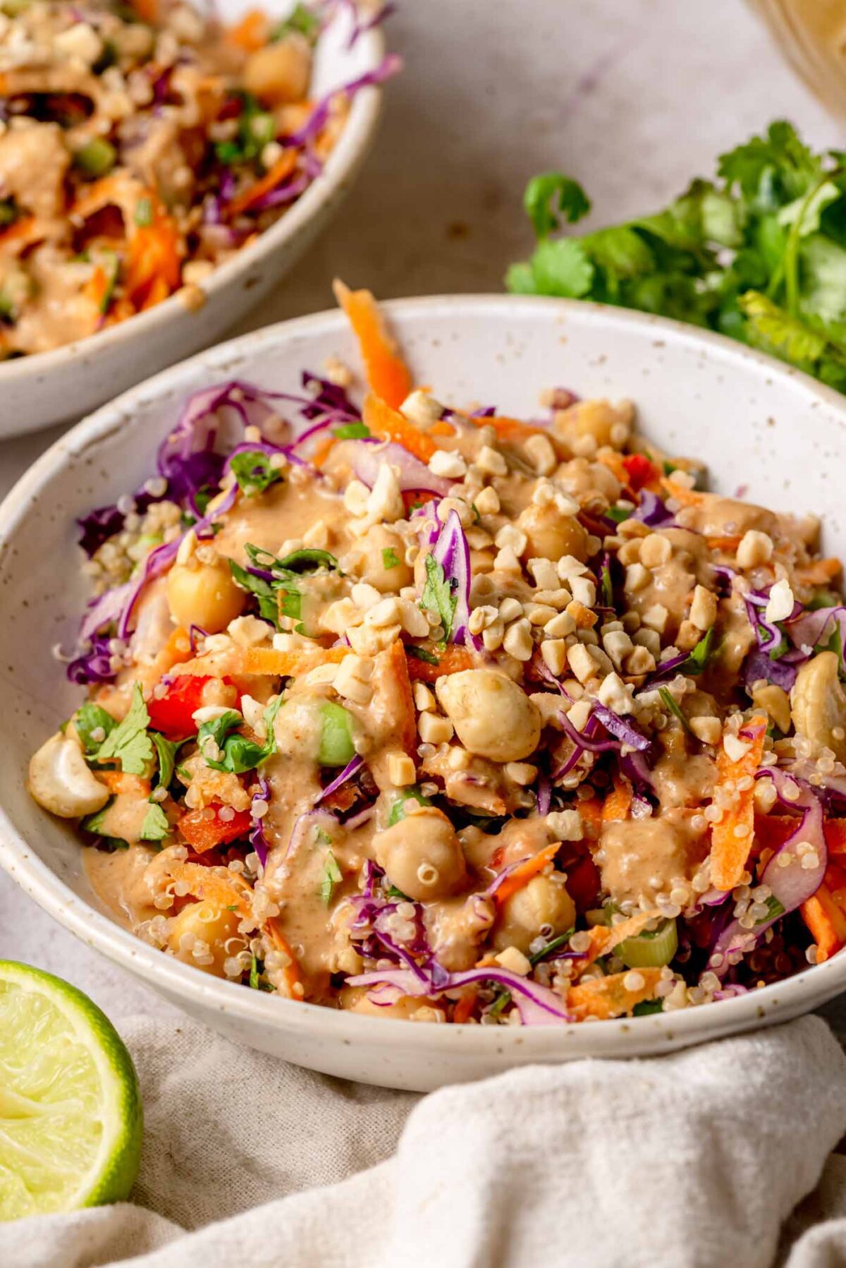 Detailed close-up of quinoa salad with red cabbage, carrots, edamame, chickpeas, herbs, and peanut sauce coating everything.